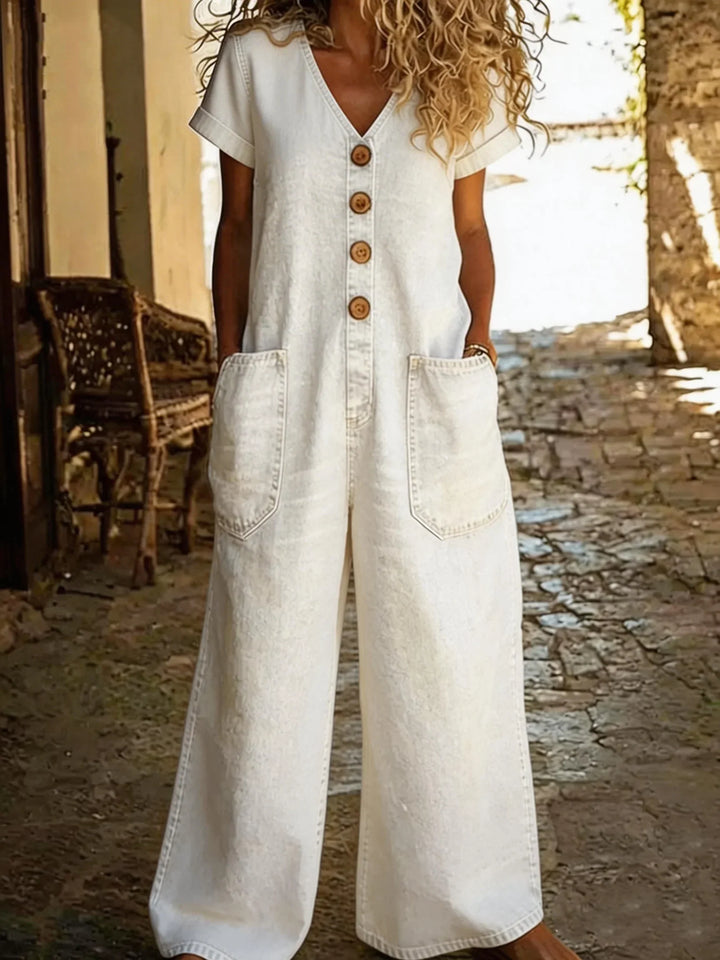 Denise | Denim Overall med V-hals og Korte Ermer