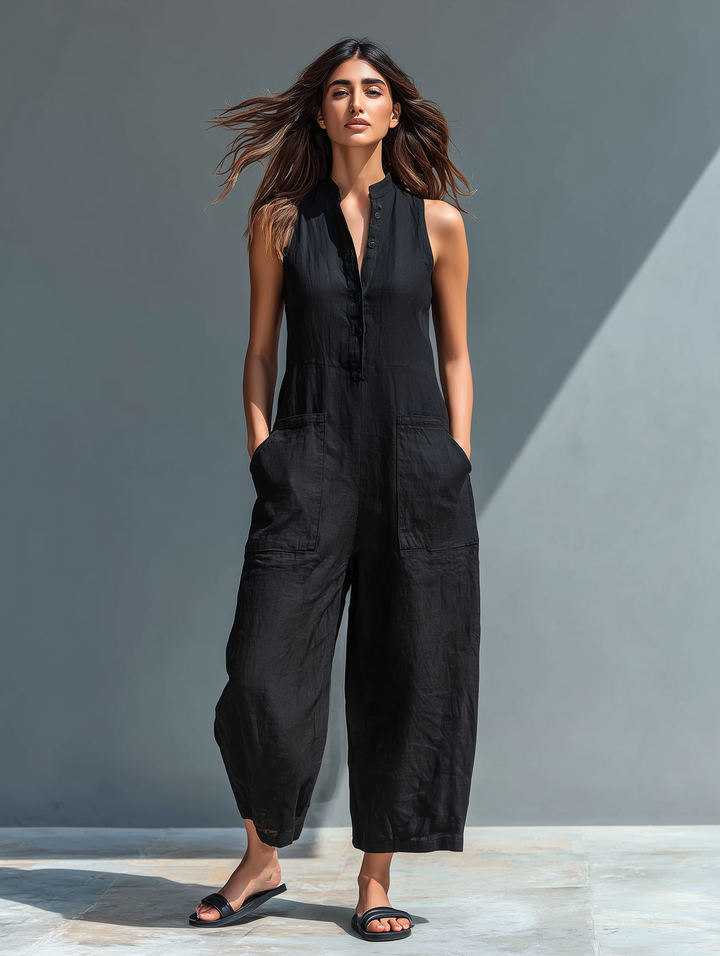 Claudia | Minimalistisk dame hiharmet lin kjole, høy krage og knapper