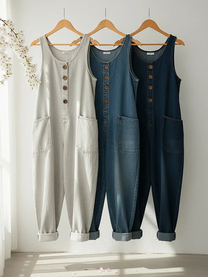Dame Uten Ermer Vasket Bomullsdenim Jumpsuit
