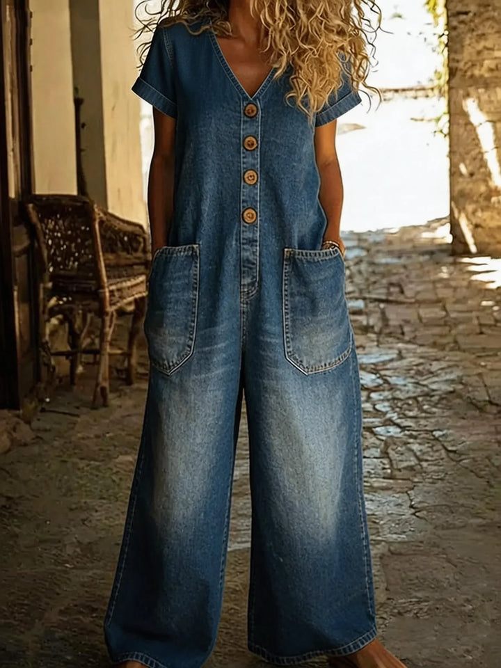 Denise | Denim Overall med V-hals og Korte Ermer