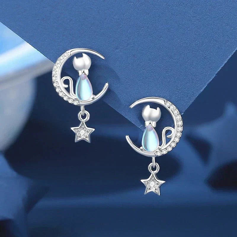 Øredobber med katt og nattehimmel-tema, 925 sterling sølv, med zirkonstein