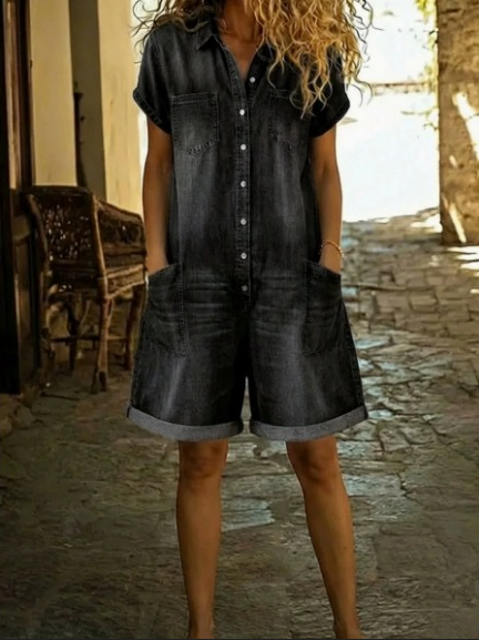 Elvora | Denim Kombinasjonsdress med Krage og Korte Ermer
