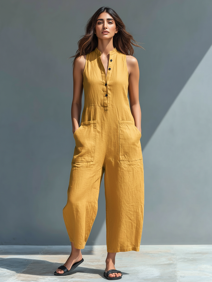 Claudia | Minimalistisk dame hiharmet lin kjole, høy krage og knapper