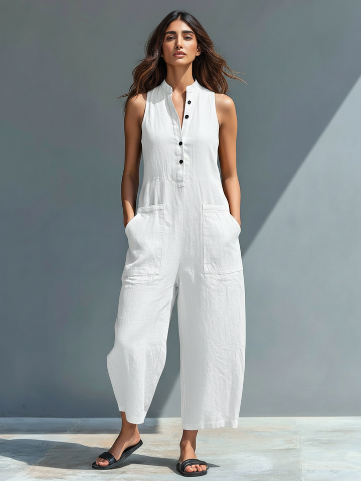 Claudia | Minimalistisk dame hiharmet lin kjole, høy krage og knapper