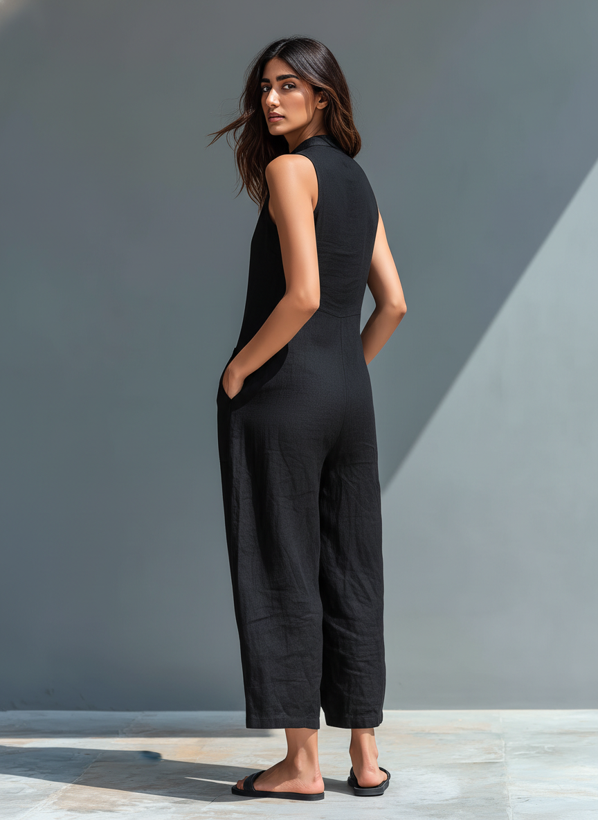 Claudia | Minimalistisk dame hiharmet lin kjole, høy krage og knapper