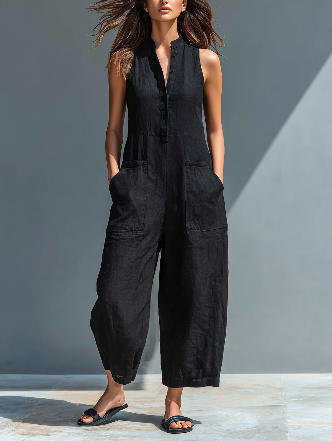 Claudia | Minimalistisk dame hiharmet lin kjole, høy krage og knapper