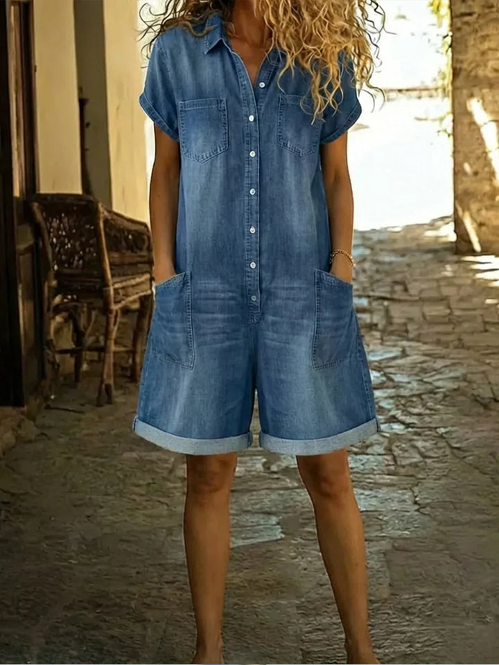 Elvora | Denim Kombinasjonsdress med Krage og Korte Ermer