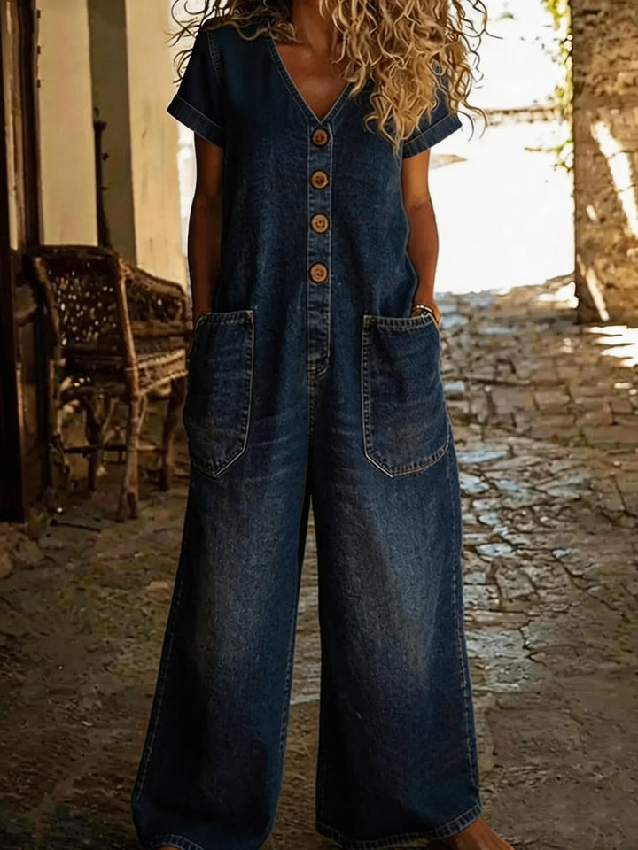 Denise | Denim Overall med V-hals og Korte Ermer