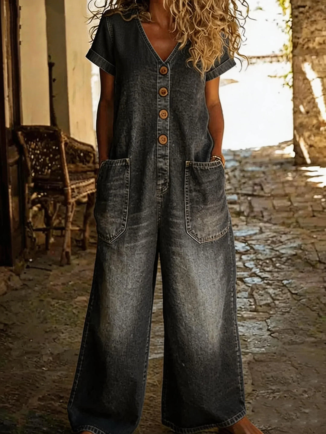 Denise | Denim Overall med V-hals og Korte Ermer