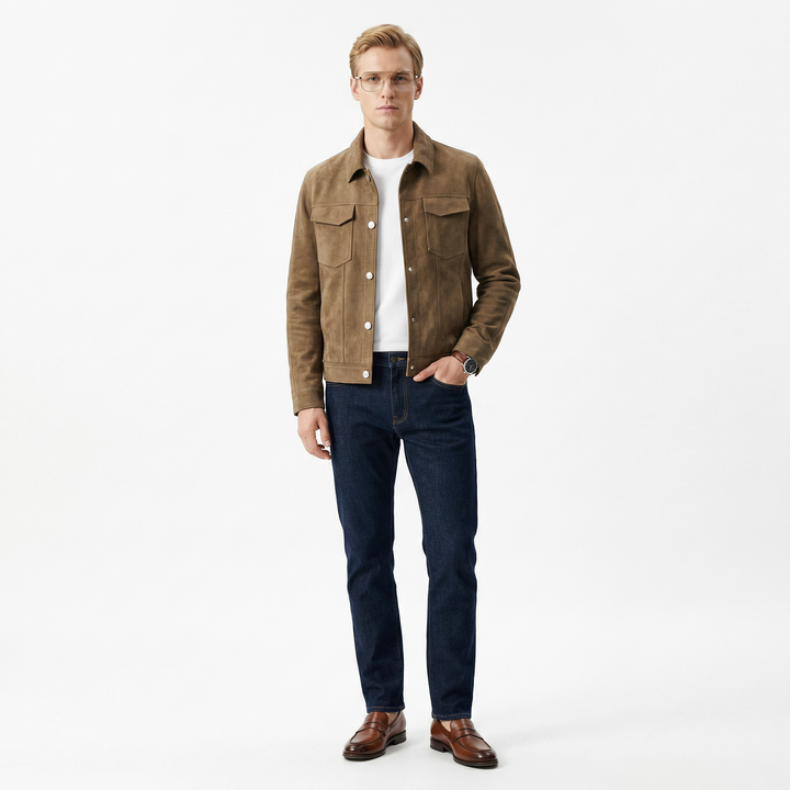 Menns mokkaskinn denimjakke, stilren og tidløs