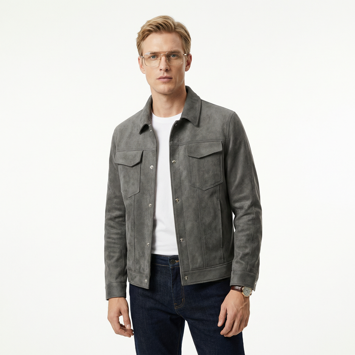 Menns mokkaskinn denimjakke, stilren og tidløs
