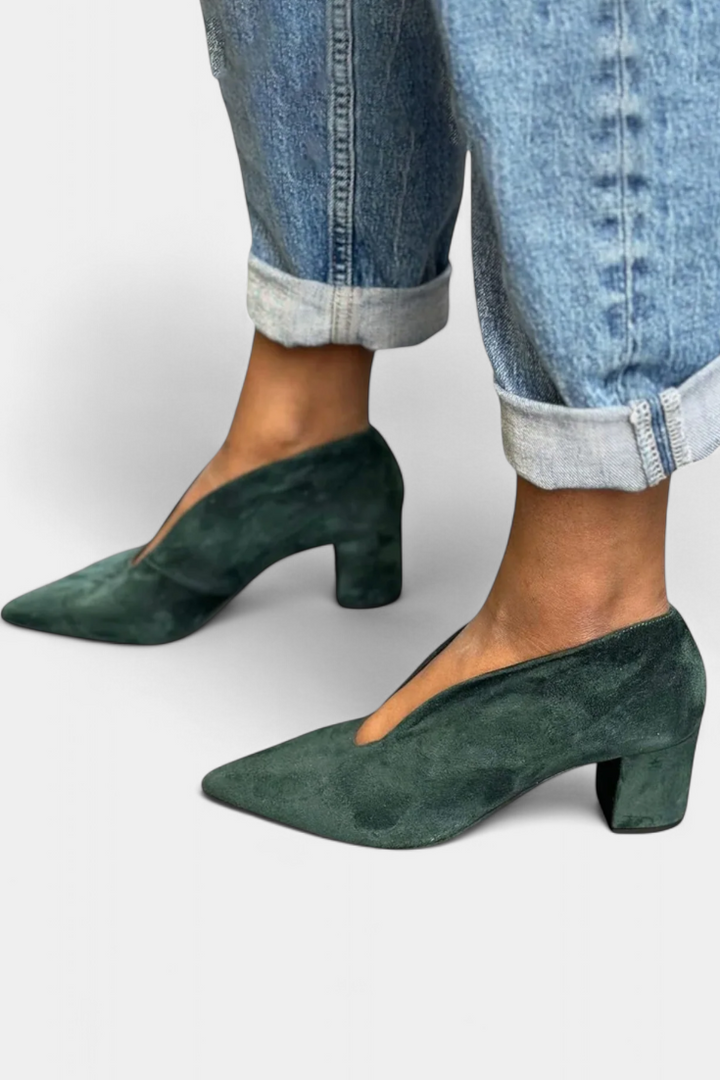 Hazelin paksut høye hæler i mørkegrønn farge